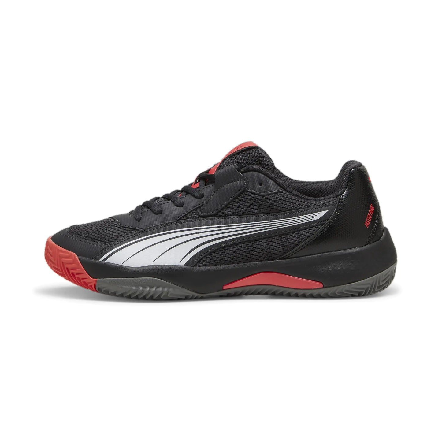 PUMA Mens Nova Court Pickleball Shoe Sneaker Flat Dark Gray Black-Flat Medium Gray-Active Red 10