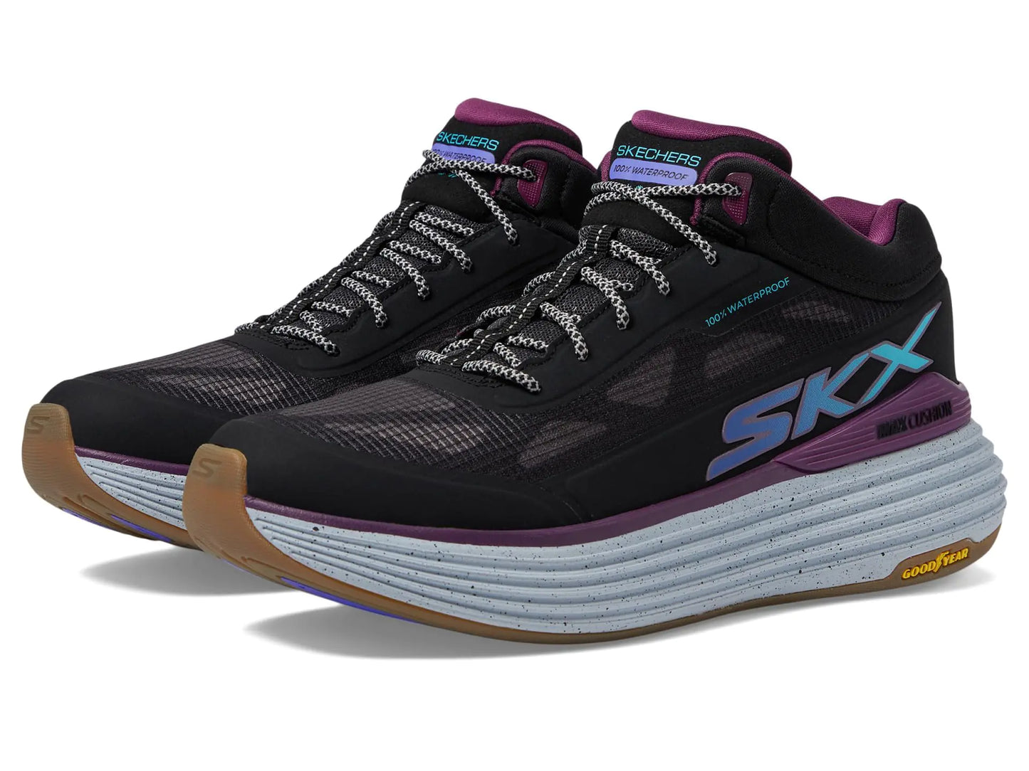 Skechers Womens Max Cushioning Suspension Terrace Waterproof Hiking Shoe Black/Purple 7