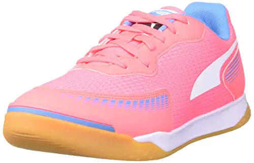 PUMA Mens Pressing III Futsal Soccer Shoes Sunset Glow-PUMA Mens White-Bleu Azur-Gum 9.5
