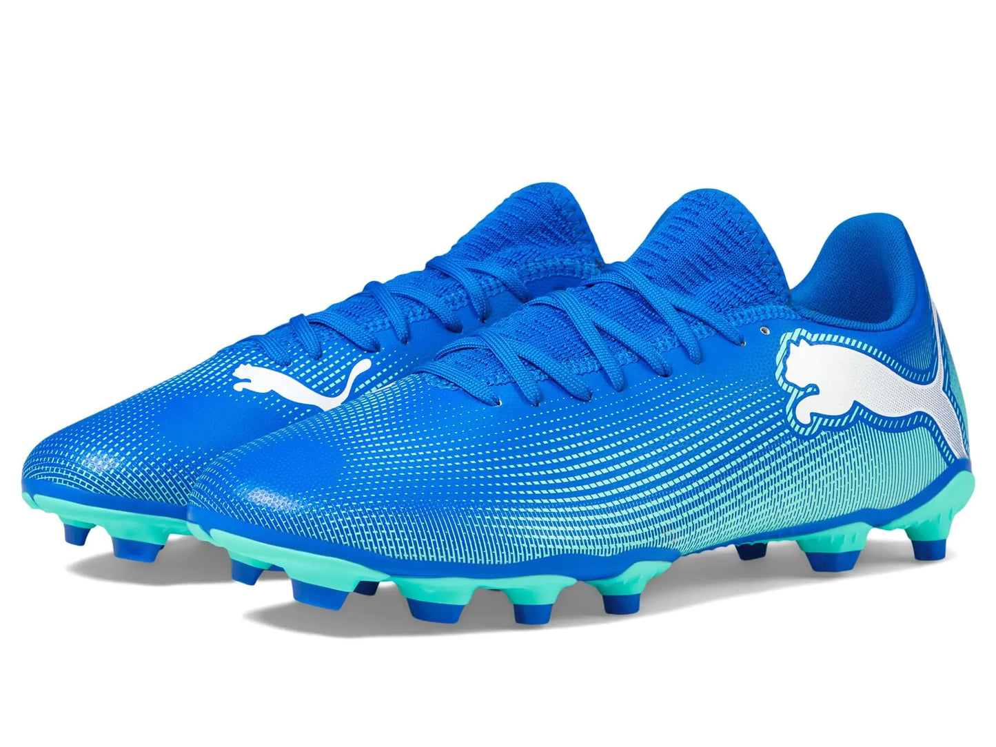 PUMA Mens Future 7 Play Firm Artificial Ground Soccer Cleats Sneaker Hyperlink Blue-Mint White 11.5